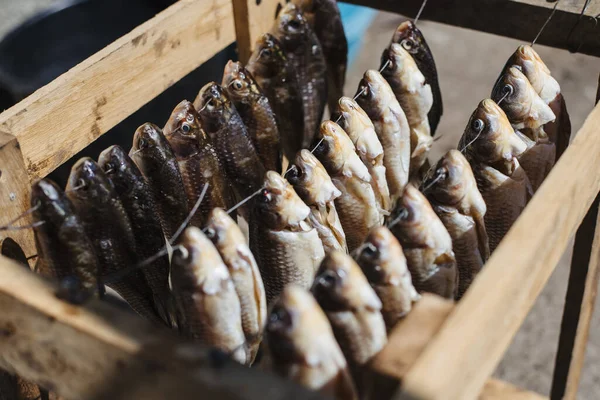Dried fish on a rope, close-up. Salted fish is dried in the air at home.