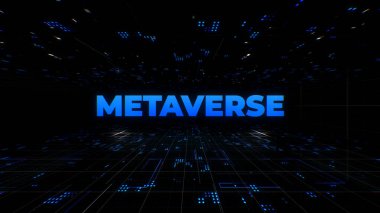 Fütürist çevre arka planında dijital siber ağ ile metaevren kelimesi. Metaverse, sanal gerçeklik, artırılmış gerçeklik ve engelleme teknolojisi, kullanıcı arayüzü deneyimi. 