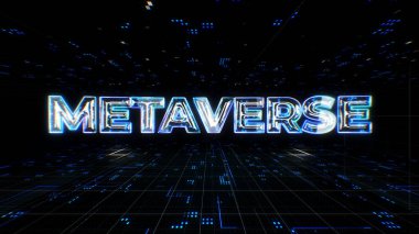 Fütürist çevre arka planında dijital siber ağ ile metaevren kelimesi. Metaverse, sanal gerçeklik, artırılmış gerçeklik ve engelleme teknolojisi, kullanıcı arayüzü deneyimi. 