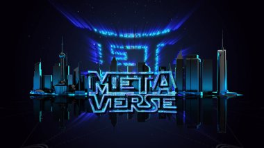 Word metaverse with digital cyber network in futuristic cityscape background. Metaverse, virtual reality, augmented reality and blockchain technology, user interface 3D experience. 