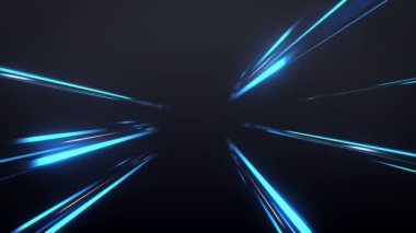 Soyut Koyu Parlak Mavi Işık Arkaplanı. Mavi lazer patlaması hareketinin perspektif görüntüsü. Uzun pozlama süresi warp hızı ışıkları mavi arka plan kamerasını yakınlaştırır. 4K