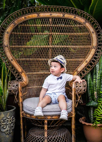 Hasır Bir Koltukta Oturan Sıradan Giysili Papyonlu Küçük Çocuk Sıradan — Stok fotoğraf