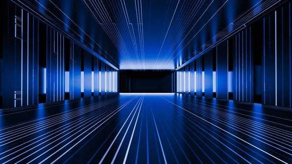Túnel Brilho Luz Azul Escuro Panorama Render Conceito Metaverso — Fotografia de Stock