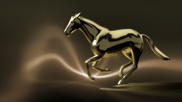 Zlatý Lesklý Kůň Socha Běh Póza Pozadí Tmavě Zlaté Světelné — Stock video