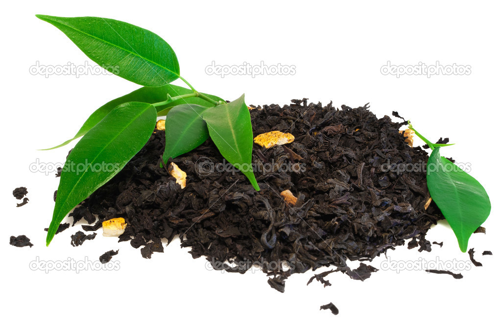 Black tea with leaf isolated on white