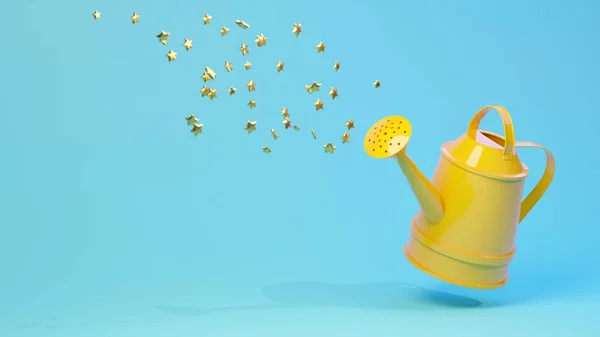 Gelbe Gießkanne, die Sterne ausbreitet, blauer Hintergrund, helle Illustration, 3D-Render — Stockfoto