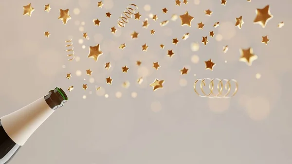 Garrafa de champanhe espirra confete dourado. Conceito de férias alegre. 3d renderizar ilustração — Fotografia de Stock
