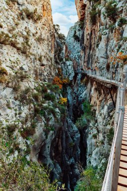 Caminito del Rey yürüyüş yolu, Kralların patikası, El Chorro Gorge 'un güzel manzarası, Ardales, Malaga, İspanya.