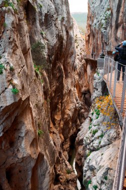 Caminito del Rey yürüyüş yolu, Kralların patikası, El Chorro Gorge 'un güzel manzarası, Ardales, Malaga, İspanya.