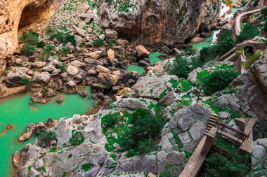 Caminito del Rey yürüyüş yolu, Kralların patikası, El Chorro Gorge 'un güzel manzarası, Ardales, Malaga, İspanya.
