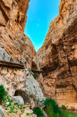 Caminito del Rey yürüyüş yolu, Kralların patikası, El Chorro Gorge 'un güzel manzarası, Ardales, Malaga, İspanya.