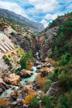 Caminito del Rey yürüyüş yolu, Kralların patikası, El Chorro Gorge 'un güzel manzarası, Ardales, Malaga, İspanya.