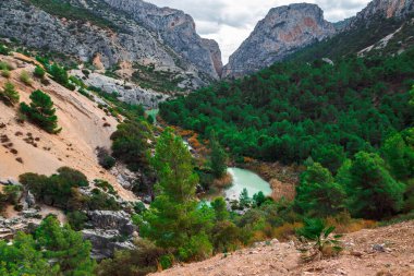 Caminito del Rey yürüyüş yolu, Kralların patikası, El Chorro Gorge 'un güzel manzarası, Ardales, Malaga, İspanya.