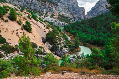 Caminito del Rey yürüyüş yolu, Kralların patikası, El Chorro Gorge 'un güzel manzarası, Ardales, Malaga, İspanya.