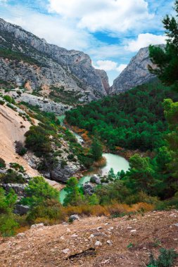 Caminito del Rey yürüyüş yolu, Kralların patikası, El Chorro Gorge 'un güzel manzarası, Ardales, Malaga, İspanya.