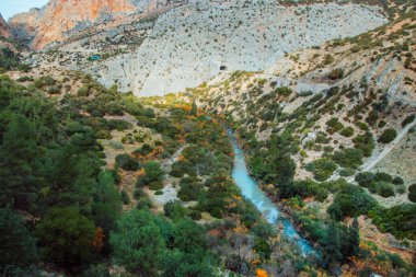 Caminito del Rey yürüyüş yolu, Kralların patikası, El Chorro Gorge 'un güzel manzarası, Ardales, Malaga, İspanya.