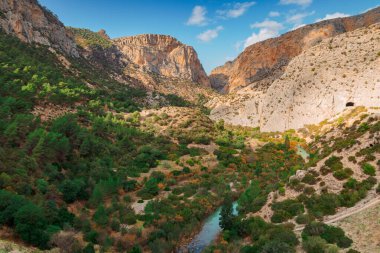 Caminito del Rey yürüyüş yolu, Kralların patikası, El Chorro Gorge 'un güzel manzarası, Ardales, Malaga, İspanya.