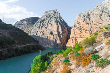 Caminito del Rey yürüyüş yolu, Kralların patikası, El Chorro Gorge 'un güzel manzarası, Ardales, Malaga, İspanya.