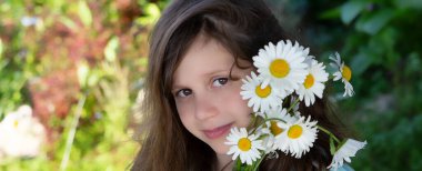 Pankart. Portre. Papatyaları olan koyu renk saçlı tatlı bir kız. Yakın plan. Yüksek kalite fotoğraf. Kopyalama alanı 