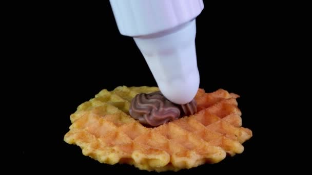 Liege waffle decorated with chocolate cream from pastry bag and sprinkled with sweets. — Stok video