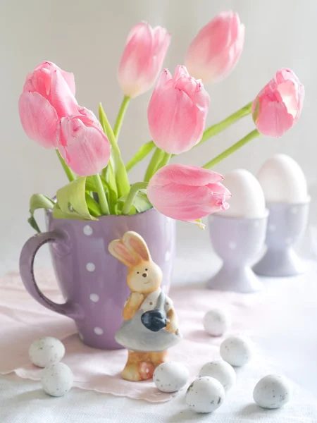 Tulips, bunny and Easter eggs — Stock Photo, Image