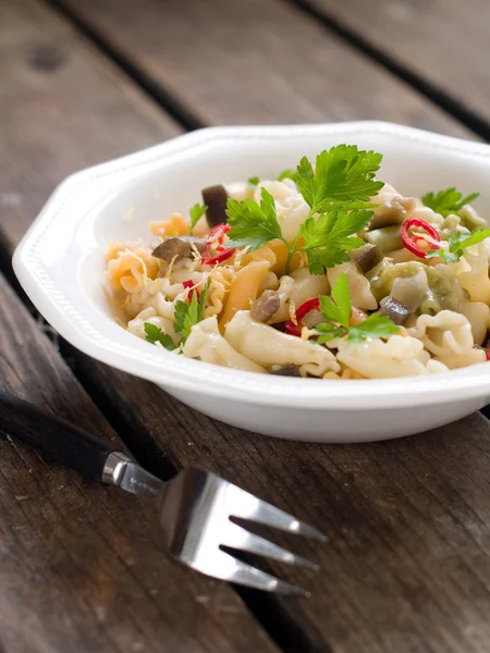 Pasta with eggplant and chili sauce — Stock Photo, Image