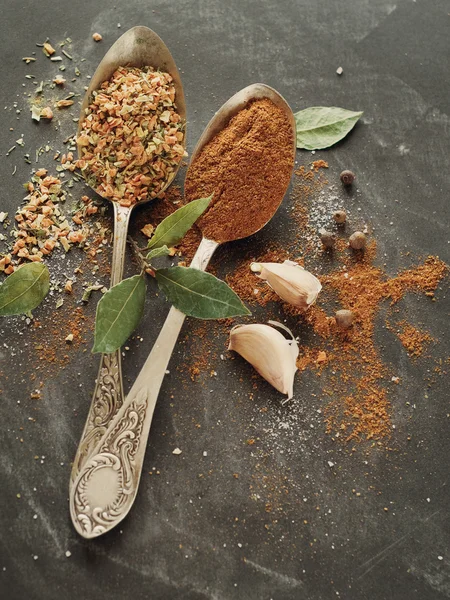 Kryddor i vintage skedar — Stockfoto