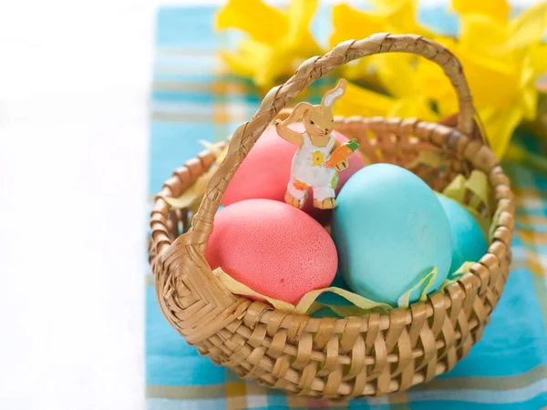 Eggs in basket with daffodil — Stock Photo, Image