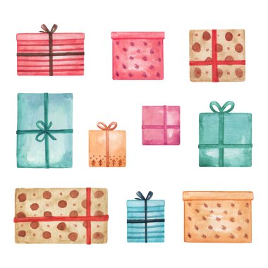 Suluboya hediye kutusu izole, hediyeler seti, Noel hediyeleri klipsi sanat