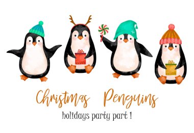 Örgü şapka ve eşarp takan Noel Penguenleri. Beyaz arkaplanda izole edilmiş şirin Penguen klibi sanatı