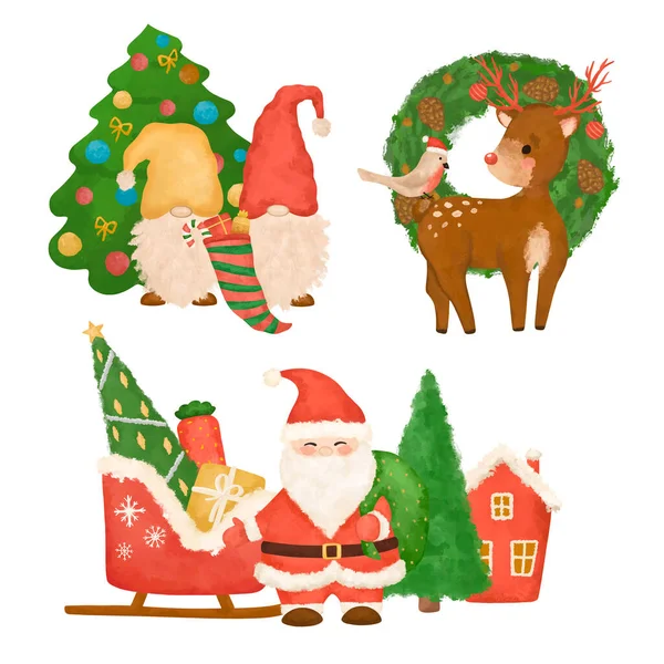 Illustration Noël Avec Père Noël Cerfs Gnomes Isolés Sur Blanc — Photo