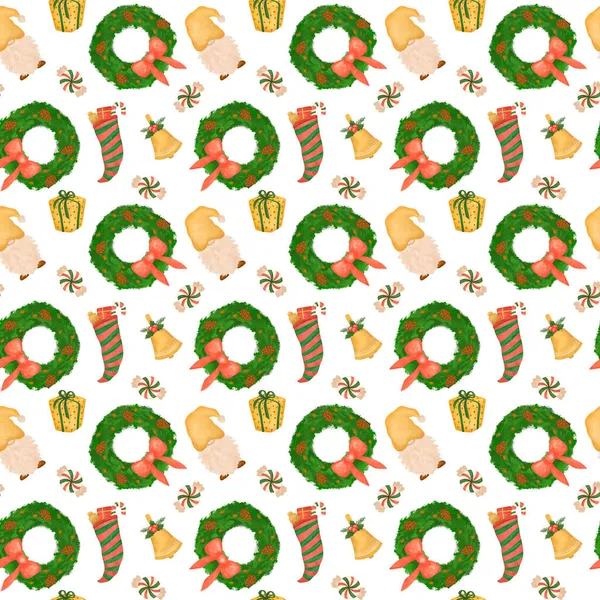 Gnome Christmas Seamless Pattern New Year Holidays Repeat Background — Stock Photo, Image