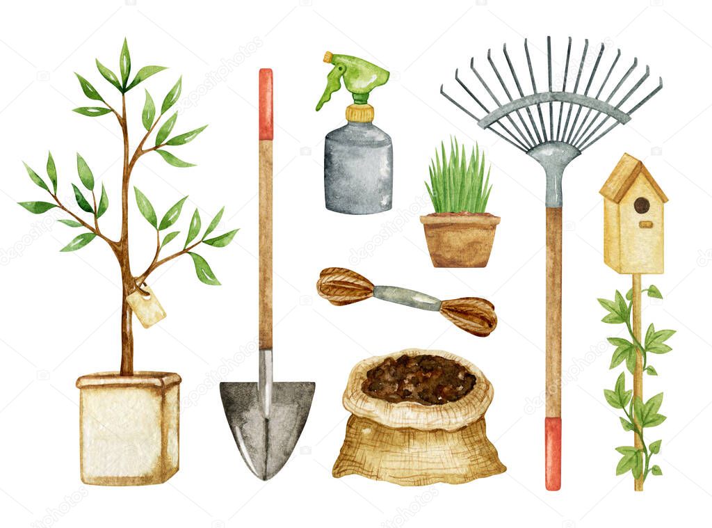 Watercolor Garden tools clip art illustration, farmhouse supplies set