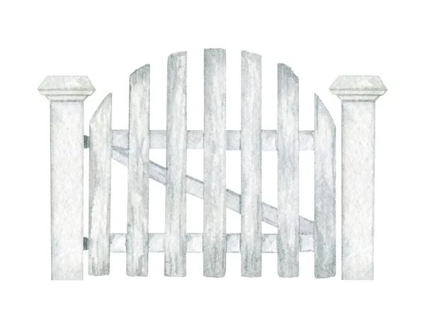 Granja puertas clip arte acuarela, jardín blanco puerta de madera ilustración Imagen De Stock