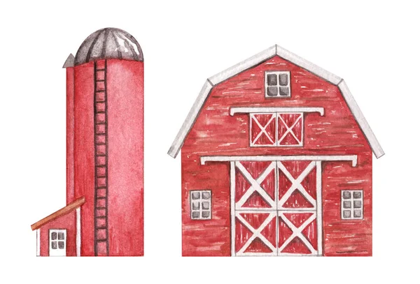 Red Barn watercolor clipart, Farm wooden barn isolated illustration — Stock Photo, Image