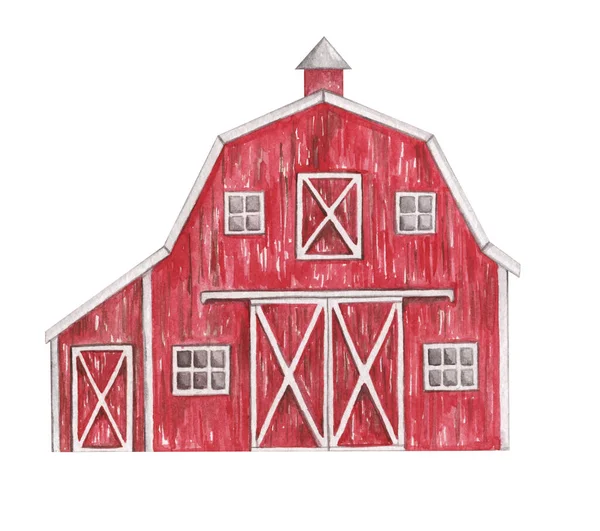 Red Barn Aquarell Cliparts, Bauernhof Holzscheune isolierte Illustration — Stockfoto