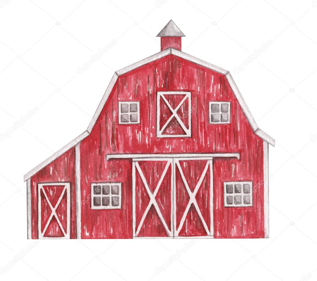 Red Barn watercolor clipart, Farm wooden barn isolated illustration