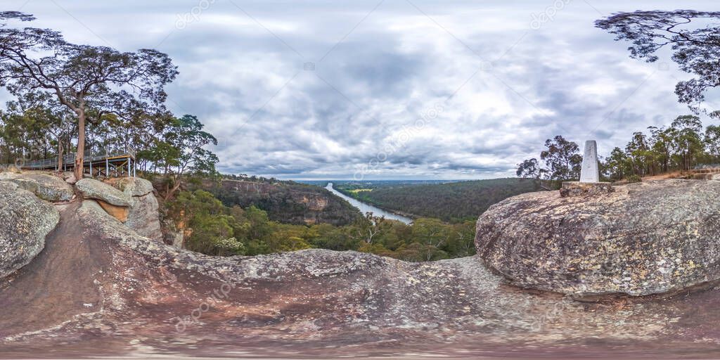 Spherical panoramic photograph from Portal Lookout overlooking Nepean River in the Blue Mountains in New South Wales in Australia