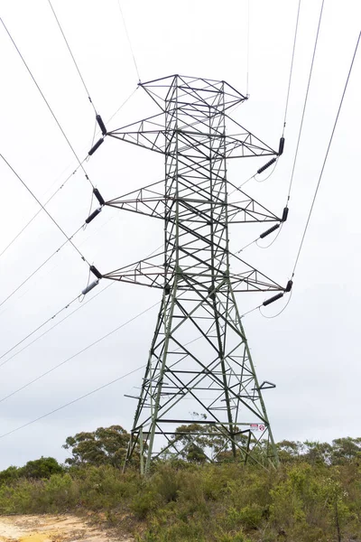 Büyük Bir Çelik Elektrik Iletim Kulesinin Fotoğrafı Gri Bulutlu Bir — Stok fotoğraf