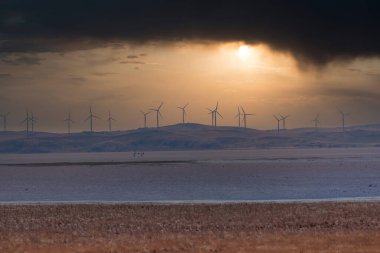 Avustralya 'daki Yeni Güney Galler' de George Gölü 'nün etrafındaki tepe boyunca sıralanmış büyük rüzgâr türbinlerinin fotoğrafları.