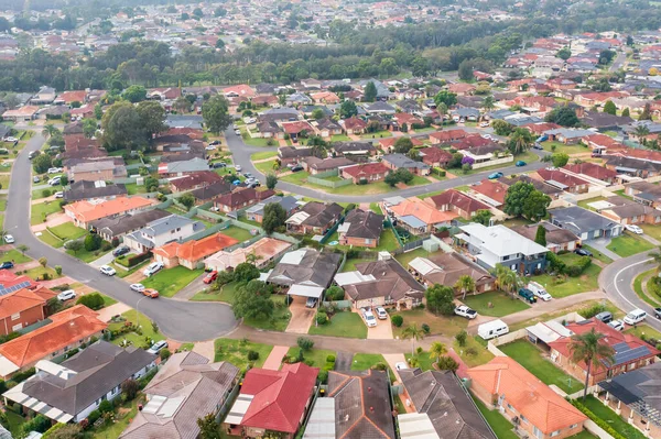 Drone aerial photograph of high density residential houses in the suburb of Glenmore Park in New South Wales, Australia