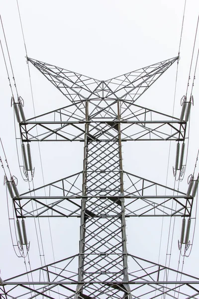Photograph Large Steel Transmission Tower Associated Cables Running Valley Regional —  Fotos de Stock