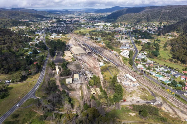Drone aerial photograph of the Lithgow Train maintenance facility in the Central Tablelands in the Blue Mountains in New South Wales in Australia
