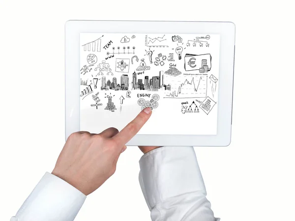 Tablet em mãos e conceito de negócios na tela — Fotografia de Stock