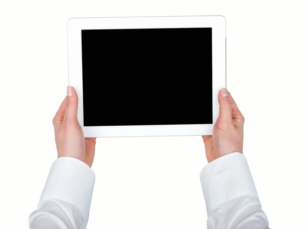 Tablet realizada nas mãos das mulheres sobre um fundo branco — Fotografia de Stock