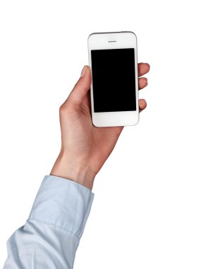 Beyaz bir akıllı telefonu tutan el.