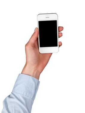 Beyaz bir akıllı telefonu tutan el.