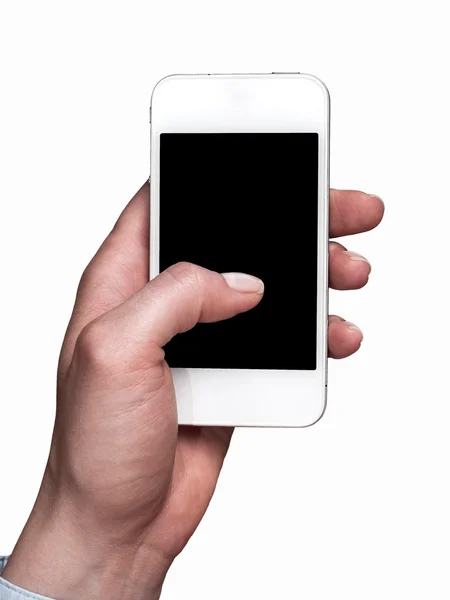 Smartphone segurar na mão mulher em um fundo branco — Fotografia de Stock