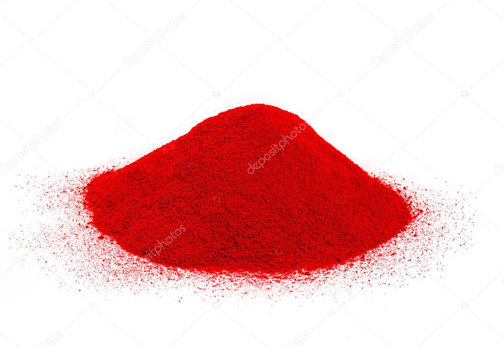 Edible red powder extracted from saffron, photo, lots of details, cooking additive, spice, white background 
