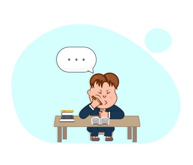 Sıkıcı bir sınıftaki sıkıcı okul çocuğu. Çizgi film vektör illüstrasyonu.